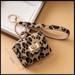 Leopard Print Mini Wristlet Keychain Bag in Tan and Black